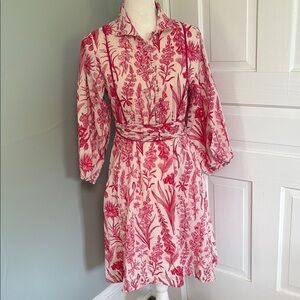 Victoria Dunn Wild Flower Pink Cream Cotton Tie Shirt Dress Dress Size XS